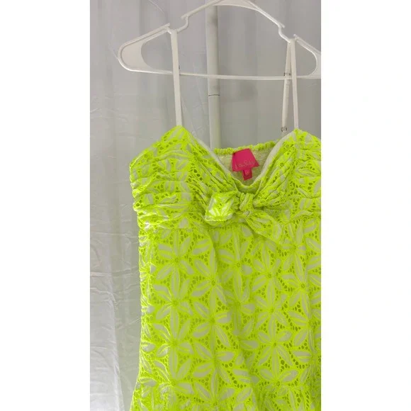 $185 Lilly Pulitzer Briana Bright Neon Eyelet Bow Tiered Mini Dress Size 12